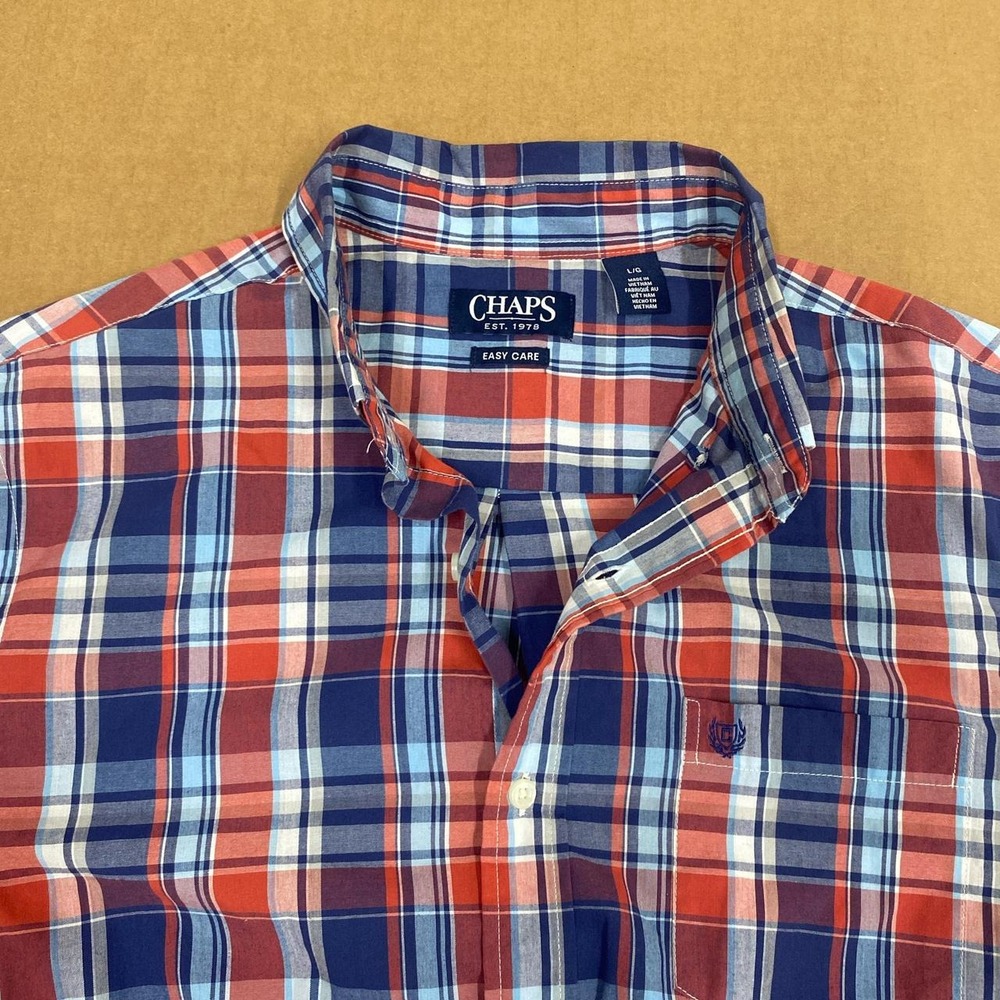 Chaps Mens Red Blue Plaid Short Sleeve Button Up Easy Care Shirt Large